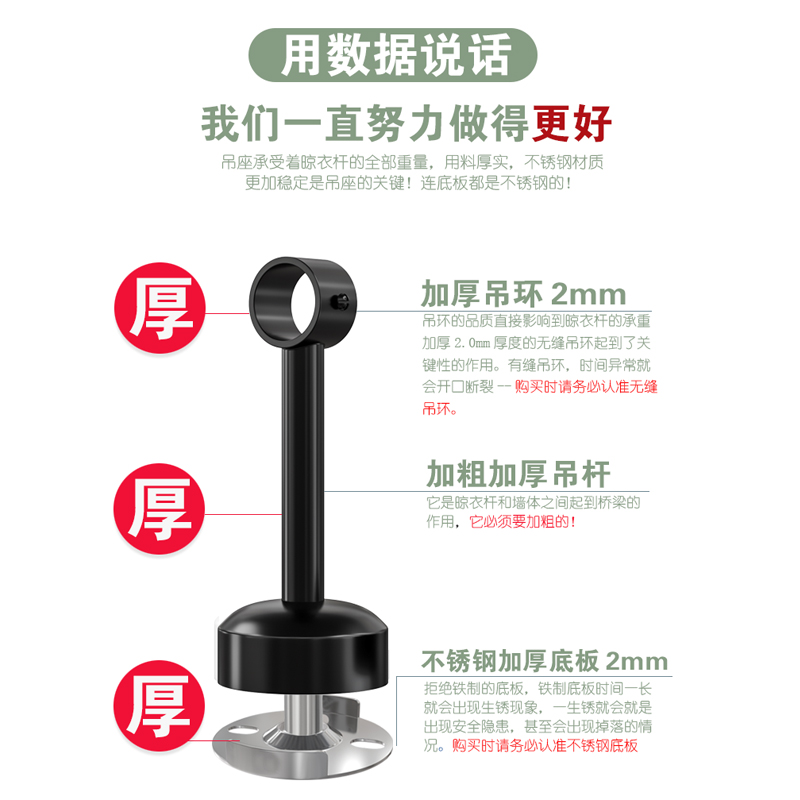 阳台晾衣杆顶装固定式晾衣架黑色晒衣杆挂衣单杆杆子不锈钢凉衣杆