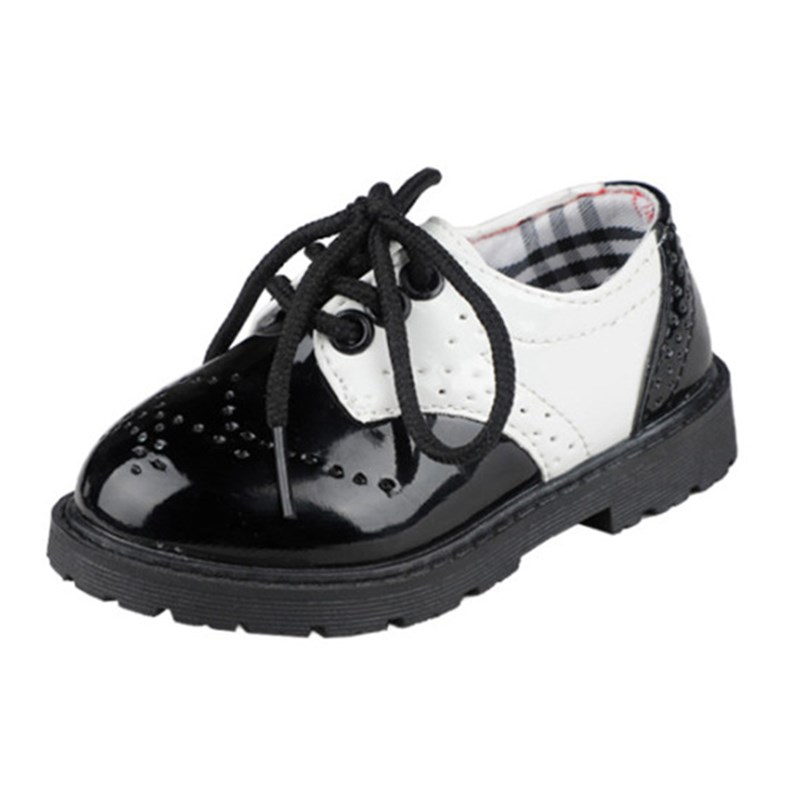 男童皮鞋魔术贴黑色白色英伦小男孩演出鞋子亮面软底皮鞋系带儿童