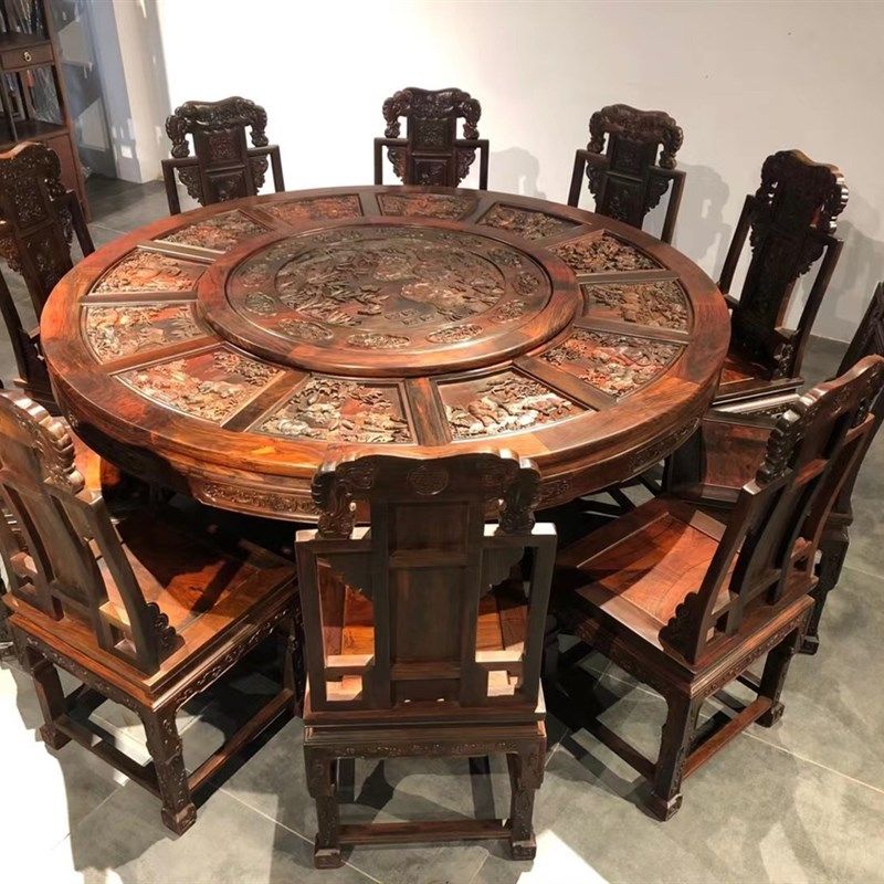 老挝大红酸枝1.8米靠背雕花官帽椅圆餐桌 交趾黄檀实木餐桌 饭桌,住宅家具,红木餐桌,淘宝优惠券,粉丝福利购,淘宝优惠卷