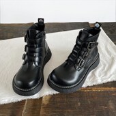 英伦风女鞋 马丁靴厚底松糕底短靴港Z风机车鞋 全黑皮鞋 丑萌大头鞋
