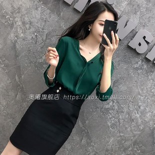 显高洋气衬衫 减龄v矮个子春装 套裙闺蜜套 套装 两件套洋气雪纺衬衫