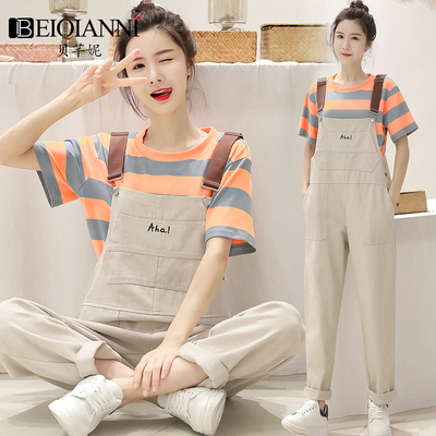 2021夏季牛仔背带裤女韩版宽松薄款大码L学生工装休闲连体长裤套