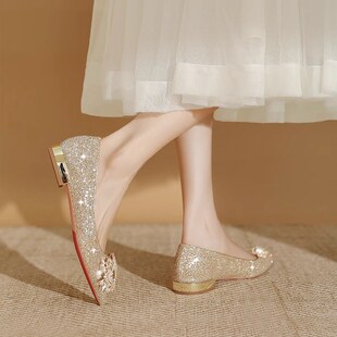 平底婚鞋女2024新款孕妇结婚鞋女新娘鞋水晶鞋伴娘鞋低跟日常可穿