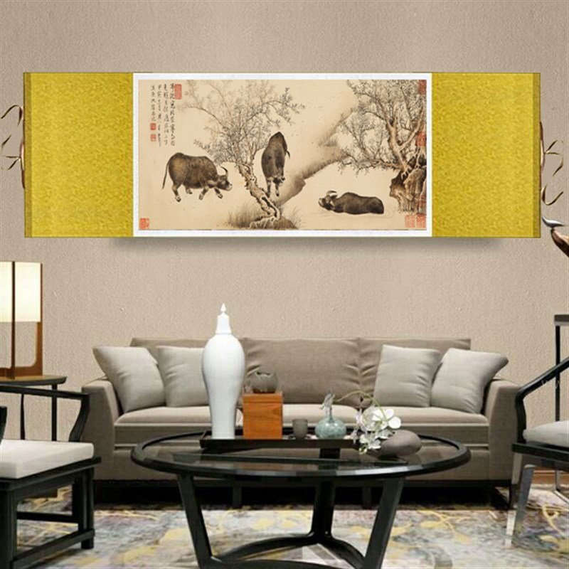 三牛图丝绸卷轴挂画客厅装饰画办公字画励L志现代中U式壁画沙发绢图片