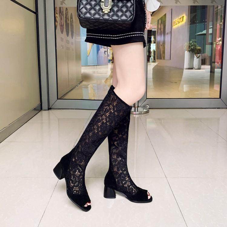 鱼嘴靴子女长靴夏季女靴2021z新款凉靴镂空蕾丝网靴粗跟高筒凉鞋