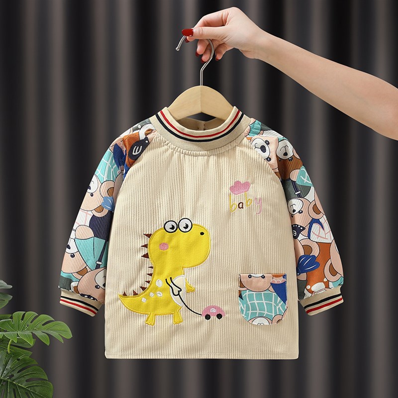 秋冬宝宝罩衣儿童围裙防水防脏y灯芯绒男童婴儿吃饭围兜护衣反穿