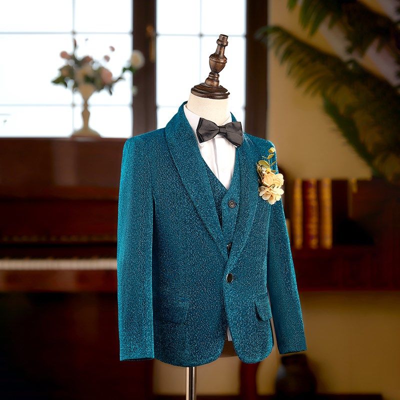 儿童西装男童套装j蓝色亮丝模特舞台走秀主持人钢琴演出服正装帅