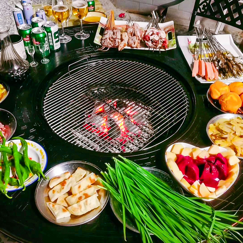 烧烤桌户外庭院阳台室外铸铝桌y椅家用全套烧烤炉圆形商用烧烤台