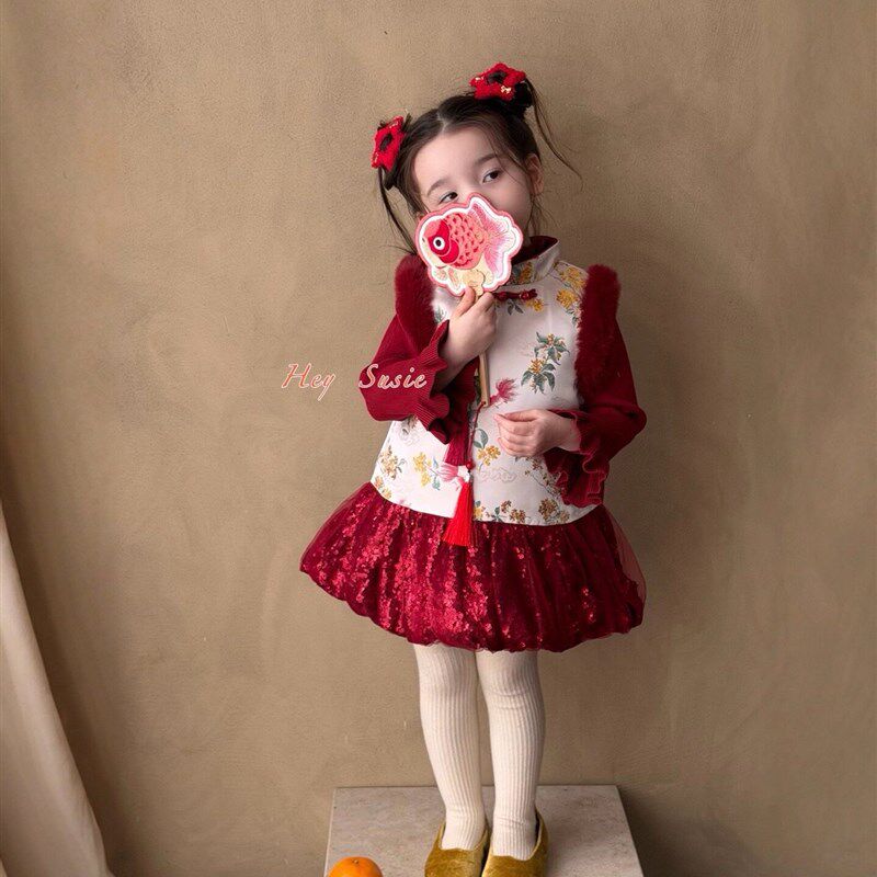 女童汉服洋装冬装儿童国风夹棉旗袍唐J装宝宝周岁礼服拜年服冬季