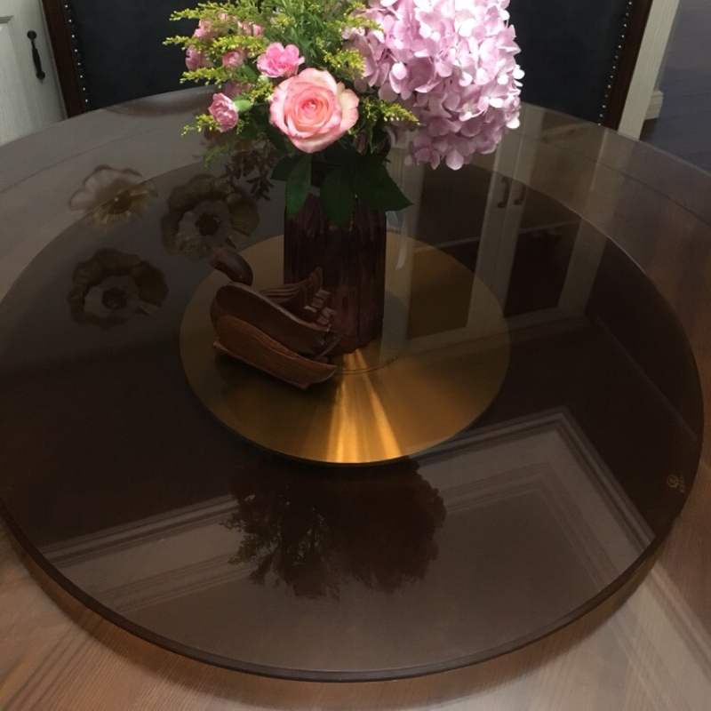 餐桌茶色转盘钢化玻璃p饭店大圆桌铝合金底座圆台实木桌面家用酒