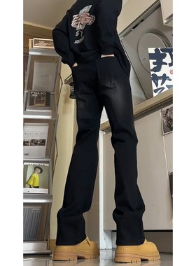 黑色微喇软牛仔裤直筒vintCage裤子男显高窄版弯刀裤