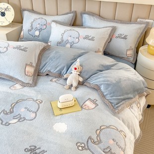 秋冬双面a牛奶珊瑚绒被套单件加绒床单被罩加厚被单蓝色四件套男