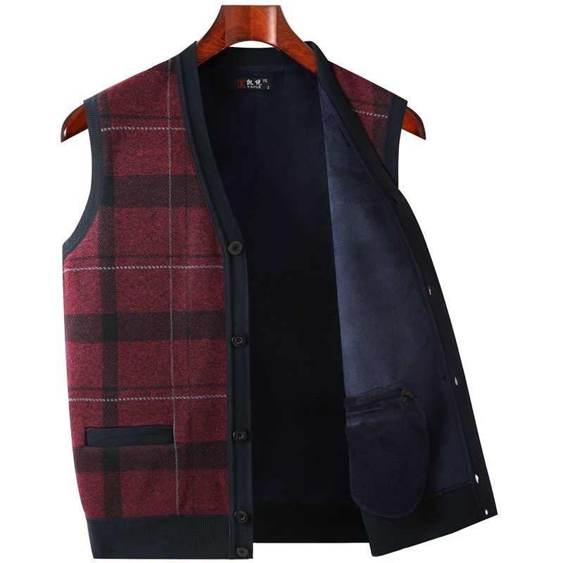 秋冬款男士加绒加厚开衫背心中老年人男装爸爸装S保暖针织毛衣马