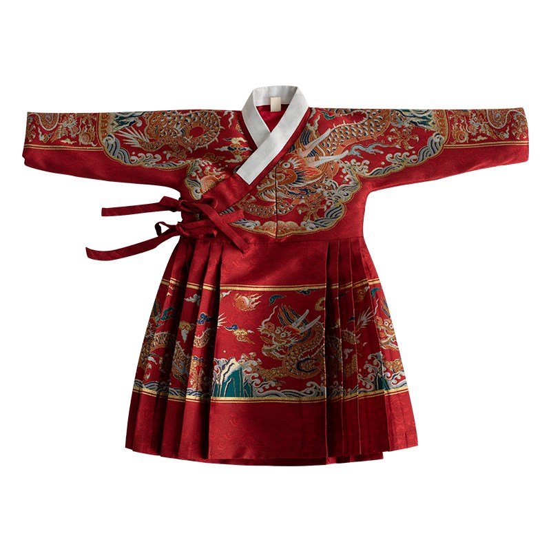 男童汉服飞鱼服中l国风宝宝周岁礼服中式抓周男宝红色织金马面龙