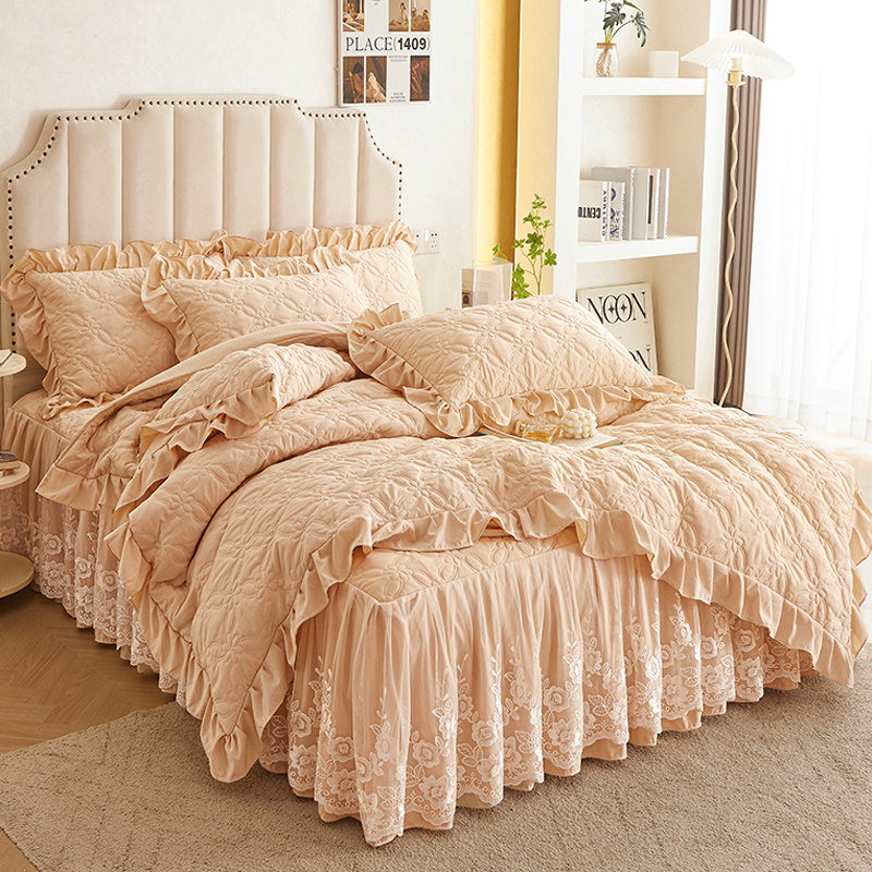 a类全夹棉牀裙款四件套被v套高档蕾丝花边公主风四季通用牀上用品
