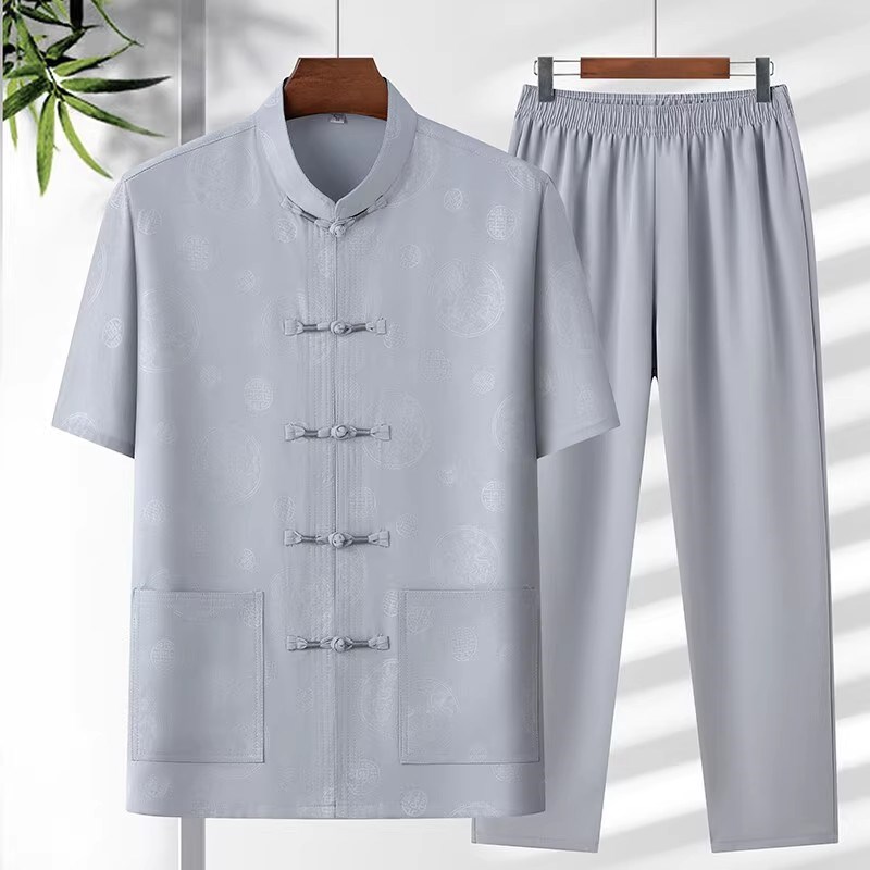 夏季唐装中国风短袖套装爸爸太极爷爷H汉服中老年男士晨练服两件