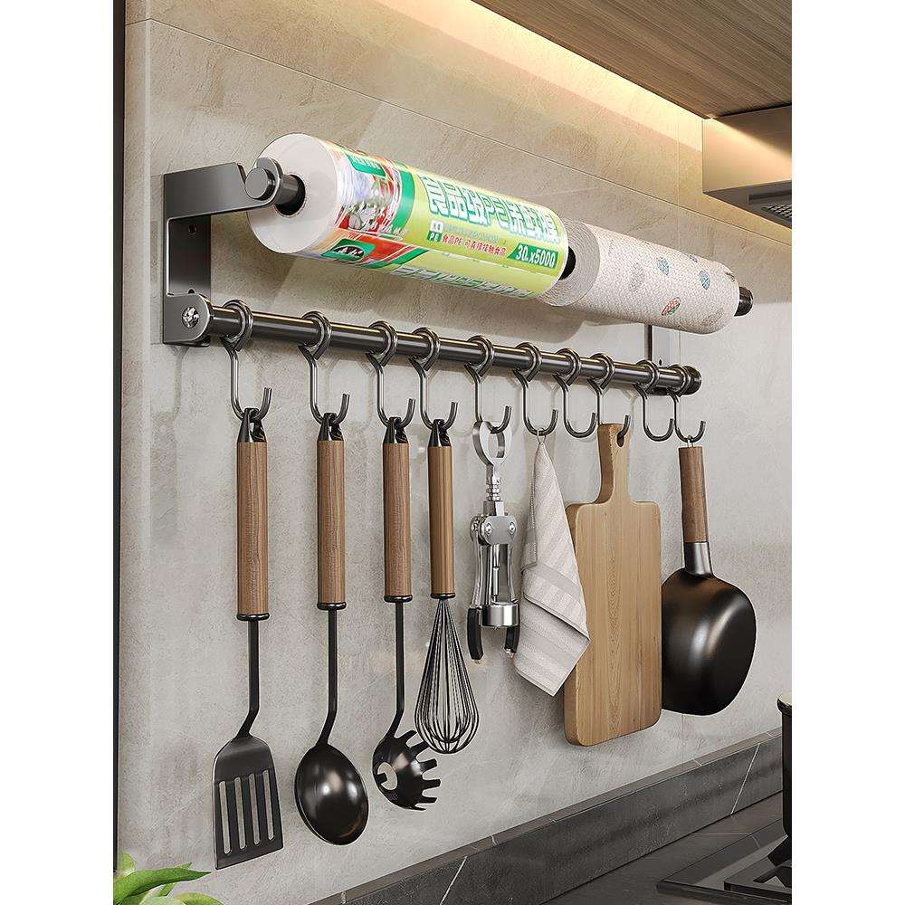 免打孔厨房挂钩架挂杆壁挂多功能厨具挂架勺子铲子纸巾毛巾置物架