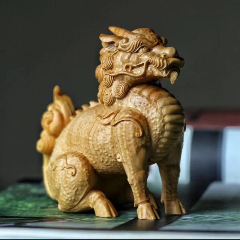 小叶黄杨木雕刻瑞兽麒麟摆件实木招财神兽工艺品装饰品家居摆设