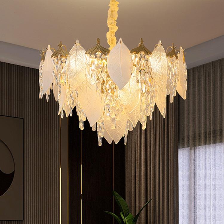 法式轻奢水晶吊灯客厅灯现代简约大气主卧室灯设计师创意树叶灯具