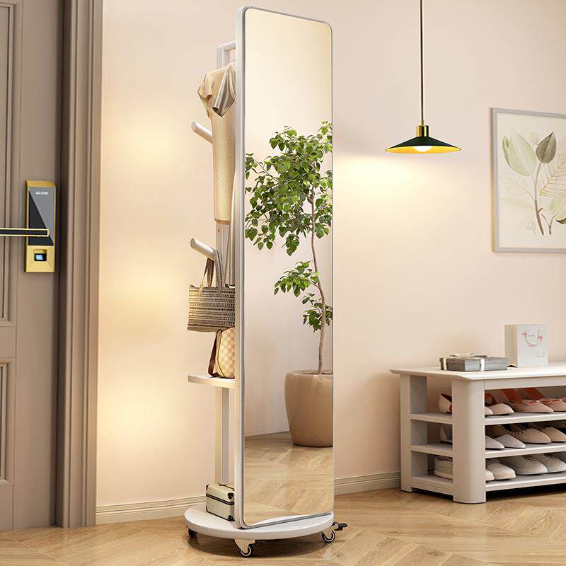 批实木全身镜落地镜家用卧室可旋转移动试衣镜子带挂衣架一体穿衣