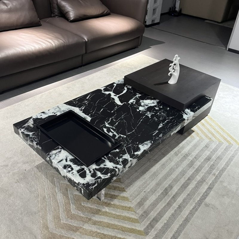 意式极简大理石茶几伸缩客厅小户型抽屉悬浮组合实木亚克力茶台款