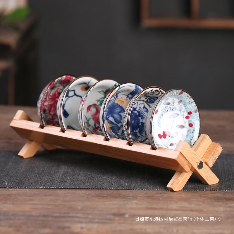青花瓷斗笠杯陶瓷茶杯套装家用待客个人杯 9只装品茗杯送折叠杯架