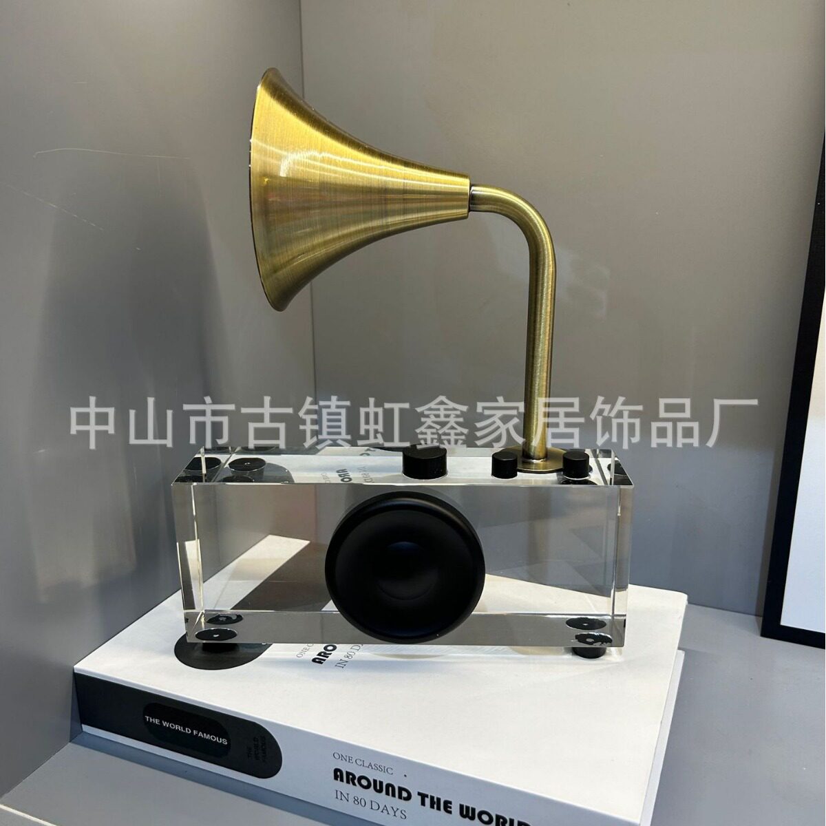 简约现代复古水晶金属留声机样板间家居客厅书房创意桌面装饰摆件
