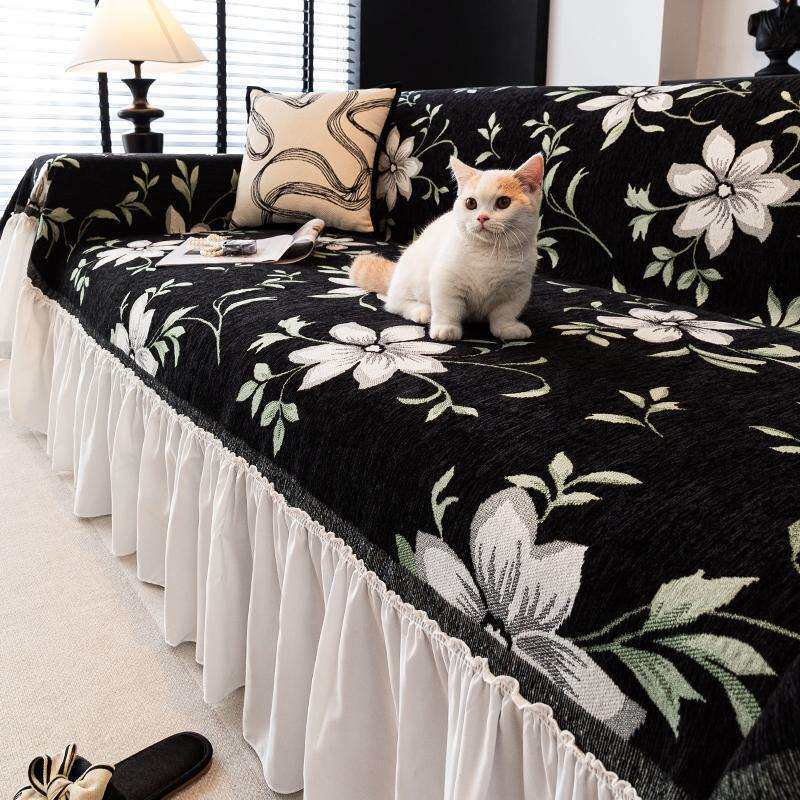 法式裙边沙发盖布四季通用2024新款一整张全盖巾复古雪尼尔套罩毯