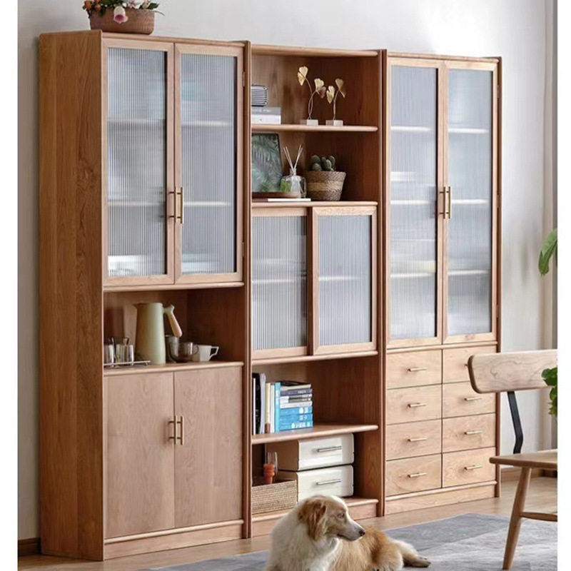 北欧黑胡桃全实木家用书柜组合落地简约书橱带书架玻璃门储物柜