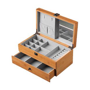 现货高档竹木饰品防尘收纳盒自动开关双层大号珠宝箱化妆镜实木盒