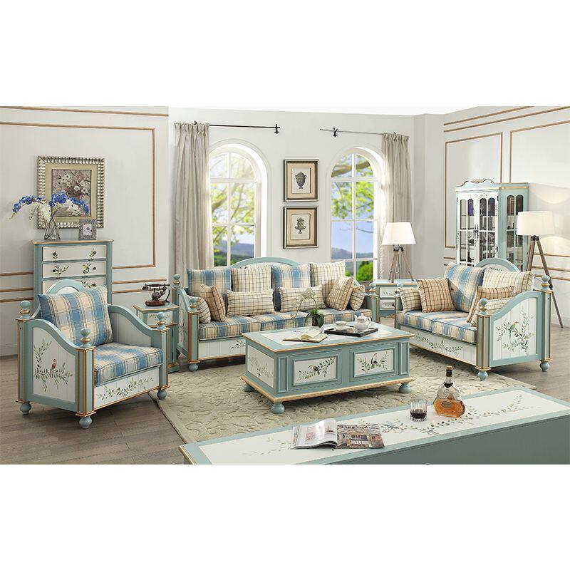 美式田园实木沙发茶几电视柜组合套装地中海彩绘沙发客厅彩绘家具