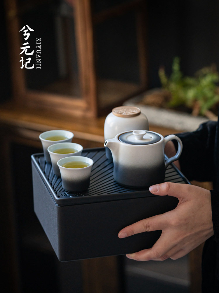 旅行茶具窑变渐变粉白套装陶瓷快客杯一壶三杯户外露营便携泡茶