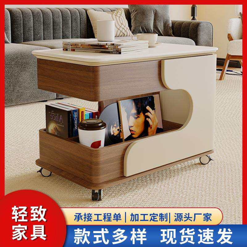 客厅家用现代折叠可移动茶几小户型沙发边几岩板实木茶桌小推车