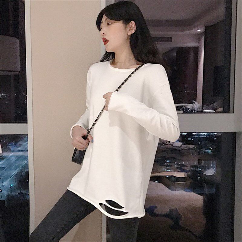 2024秋冬白色纯棉长袖T恤宽松破洞洋气破烂打底衫内搭叠穿上衣女