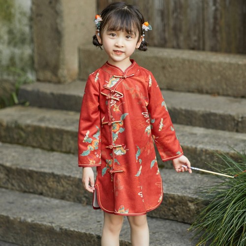 女童秋装红色汉服新款儿童唐装民国风旗袍春秋连衣裙女童古装旗袍