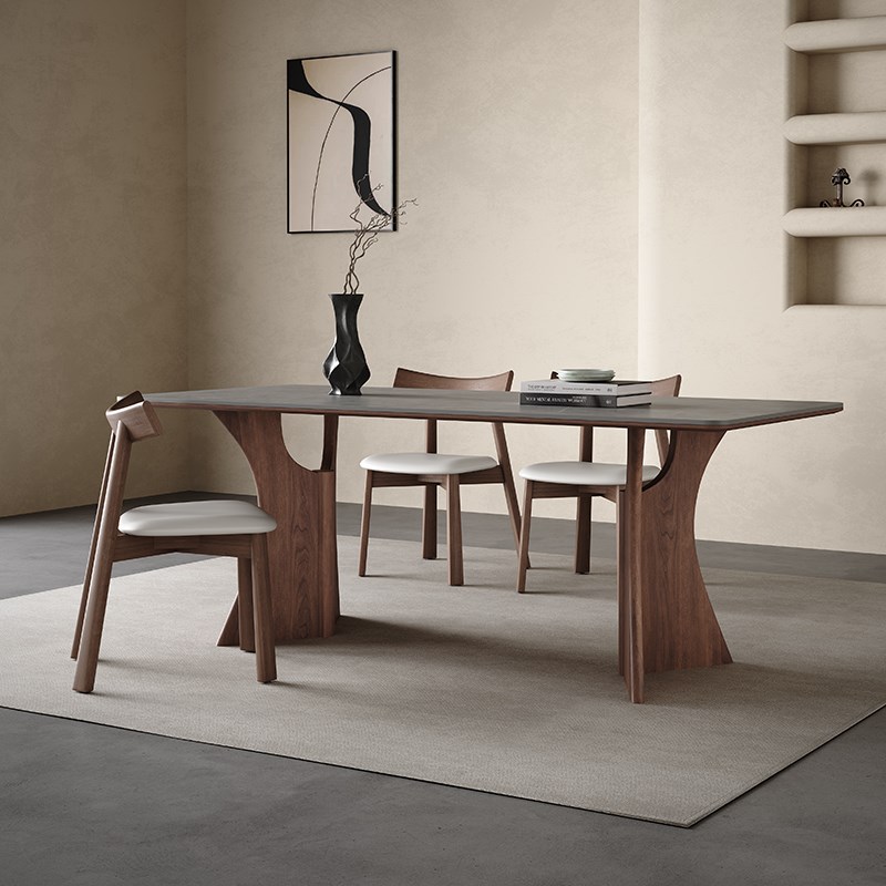 哑光岩板餐桌长方形2024新款胡桃灰色饭桌意式极简小户型实木餐桌