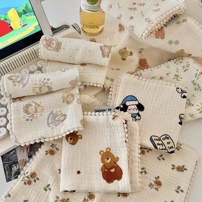 A类母婴级纯棉蕾丝卡通六层水洗纱布柔软儿童擦脸巾隔脏枕巾30*50