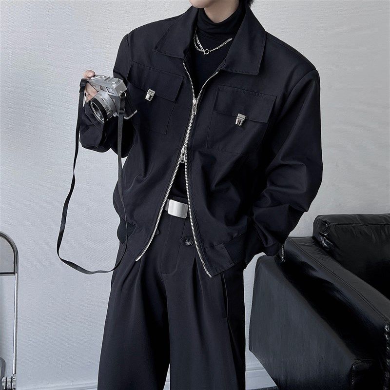 设计感廓形垫肩夹克2022秋季男女休闲小众大口袋翻领情侣黑色外套