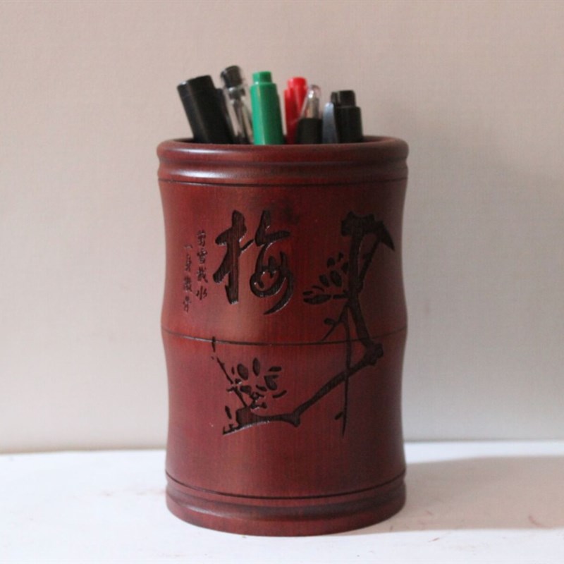 竹雕笔筒大容量创意摆件复古中国风学生毛笔文具收纳盒刻字送老师