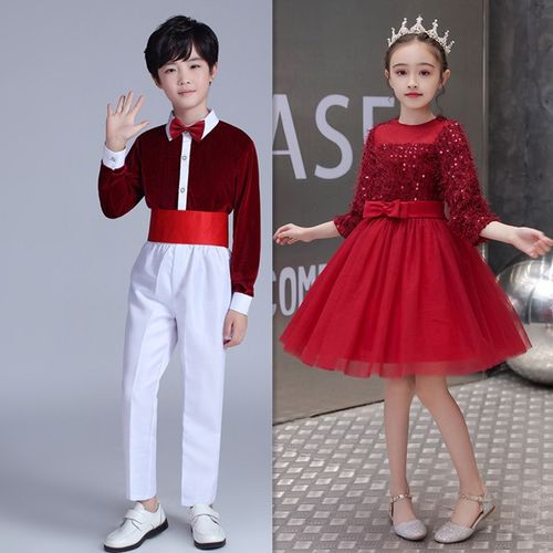 长袖儿童合唱演出服粉色男童背带裤女童公主舞蹈蓬蓬纱裙绿色比赛