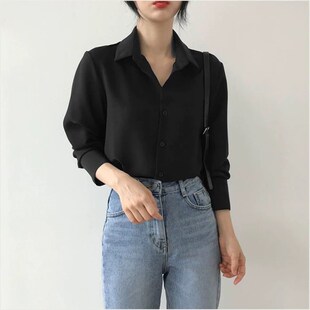 女宽松polo领长袖 黑色雪纺衬衫 上衣职业OL纯色港味打底气质衬衣女