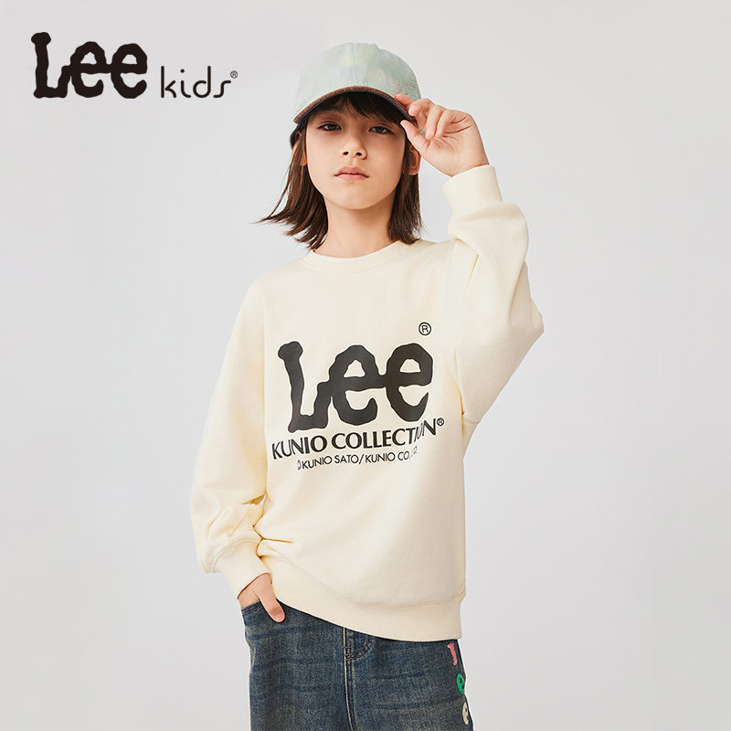 Lee Kids秋季儿童黑色套头卫衣男女童圆领卫衣时尚休闲秋装