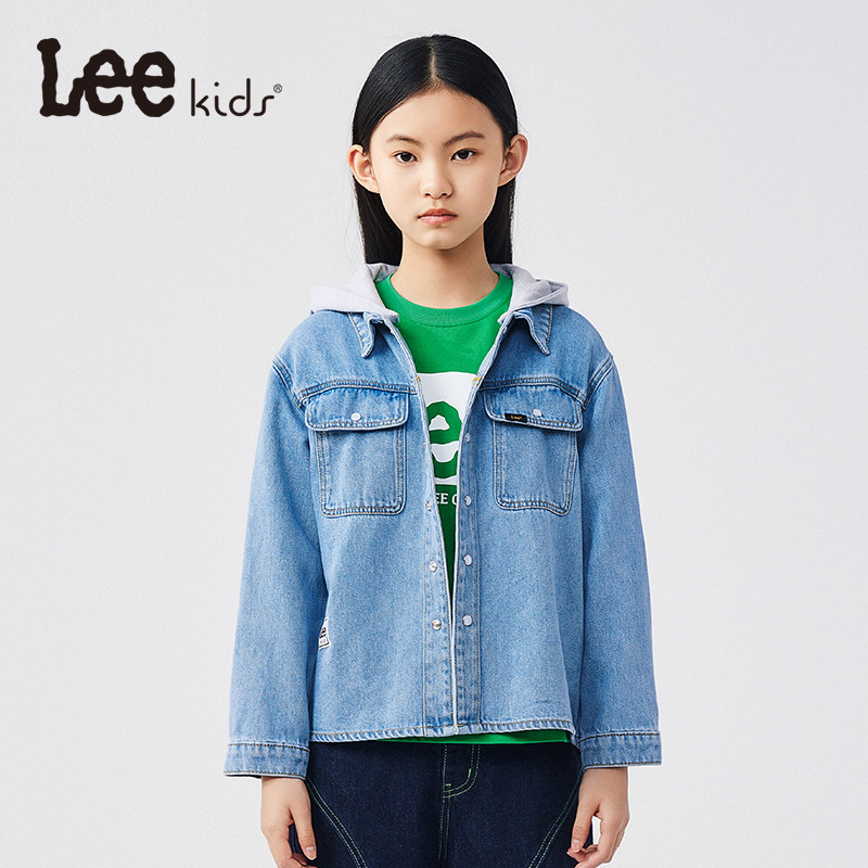 Lee Kids拼接连帽女童牛仔外套秋季洋气短款童装开衫宽松儿童夹克