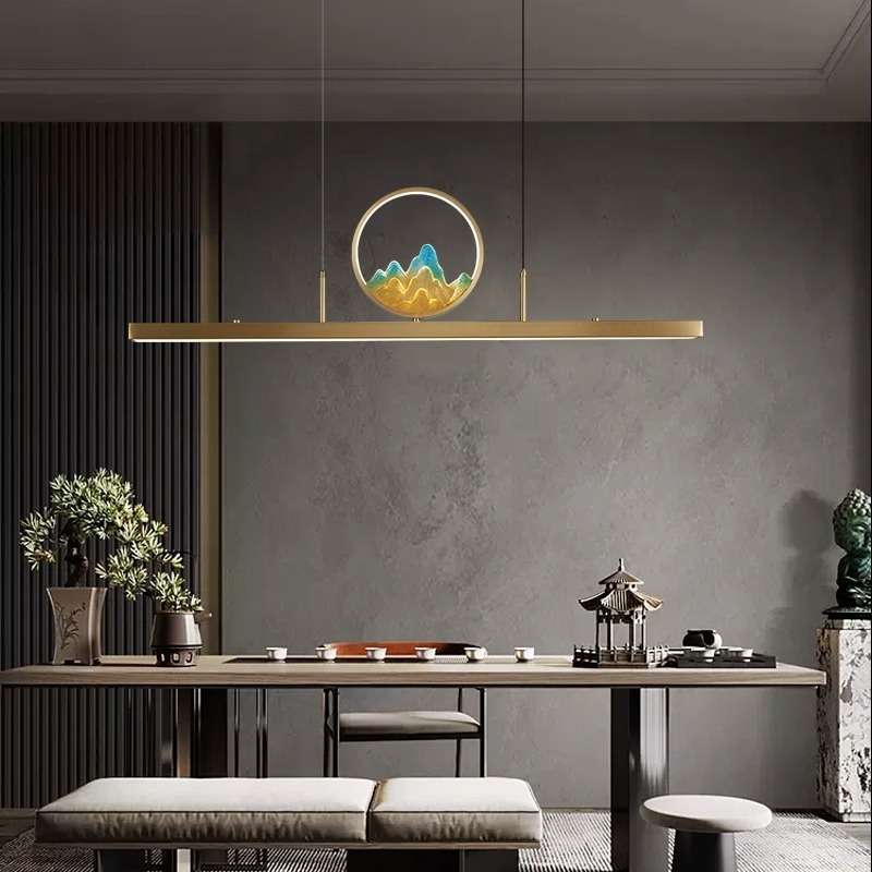 新中式全铜茶室吊灯禅意中国风餐厅现代简约书房吧台一字长条灯具