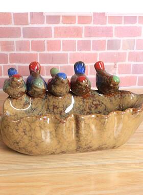 陶瓷工艺品陶瓷水果盘 田园风格家居五福鸟装饰摆设DY8538