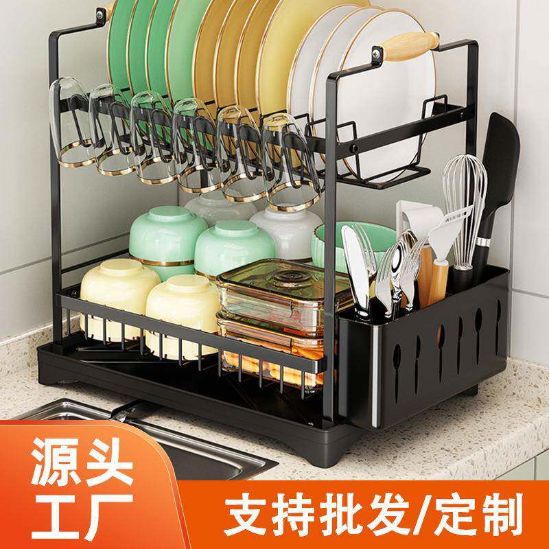 木质提手沥水碗架家用碗碟架厨房置物架双层餐具收纳桌面置物架