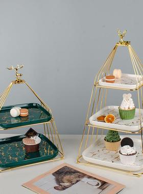 北欧创意双层水果盘三层陶瓷方盘蛋糕架摆件下午茶甜品托盘点心架