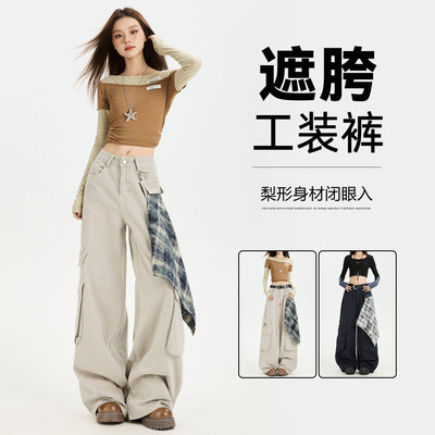 美式复古工装裤女酷拽多口袋纯棉皱褶阔腿裤女宽松垂感休闲长裤子