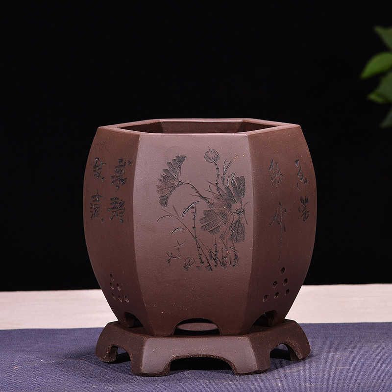 宜兴紫砂花盆大号六方兰花盆景植物花盆室内阳台花卉盆栽紫砂托盘