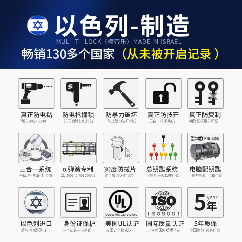模帝乐防盗门锁芯以色列进口MT5锁胆 超C级木门家用锁心通用型高